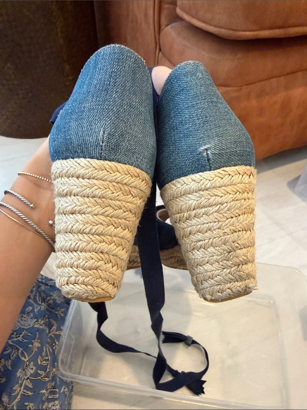 Denim Espadrille Wedge Sandals with Navy Ribbon Detail